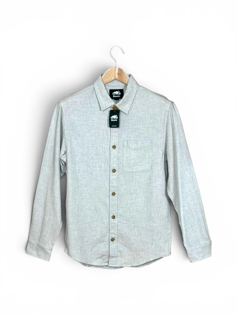 NWT Roots Men Bellwoods Herringbone Shirt Organic Cotton Grey S